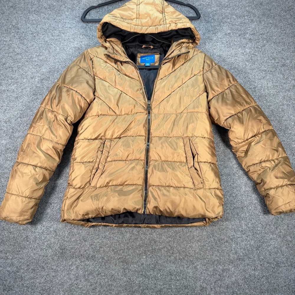 Perry Ellis Boy Puffer Jacket Bronze Copper Hooded Quilted Coat Size 14/16 L XL